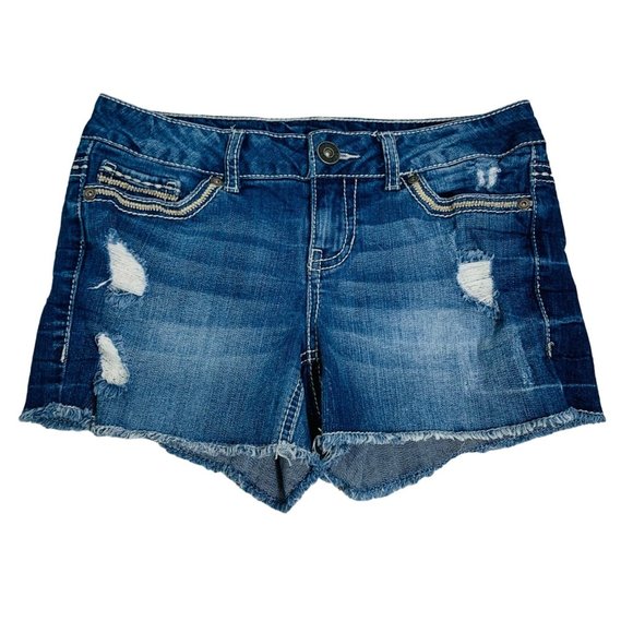 Maurices Embroidered Jean Shorts Juniors Sz XS Blue Denim Destroyed Cutoff Stret - Picture 1 of 11